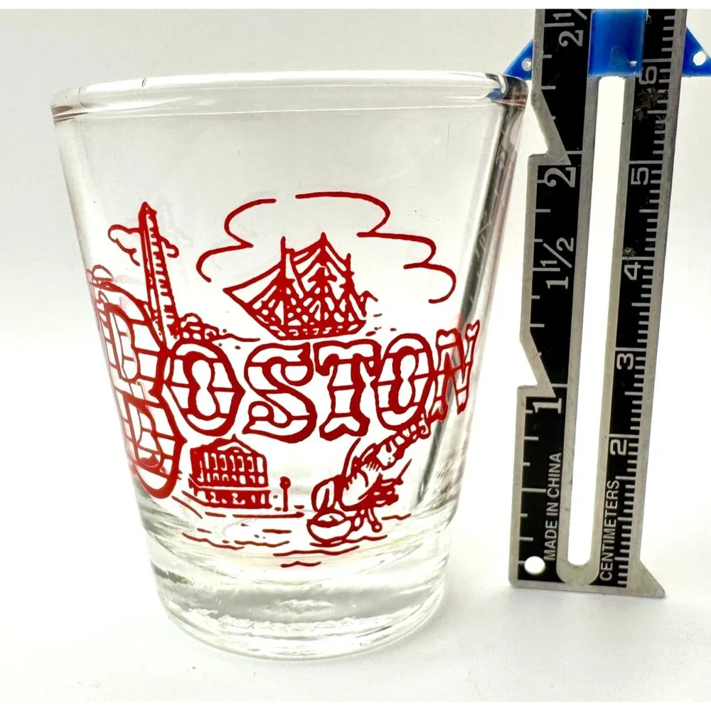 VINTAGE SHOT GLASS BOSTON MASS OLD NORTH CHURCH USS CONSTITUTION BUNKER HILL ETC